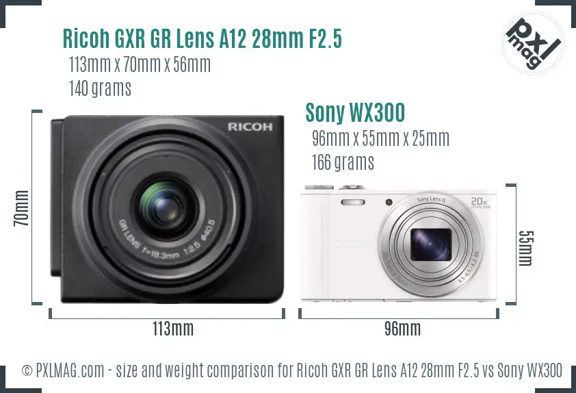 Ricoh GXR GR Lens A12 28mm F2.5 vs Sony WX300 size comparison