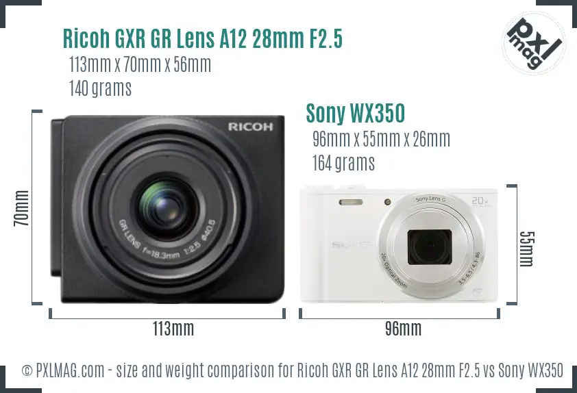 Ricoh GXR GR Lens A12 28mm F2.5 vs Sony WX350 size comparison