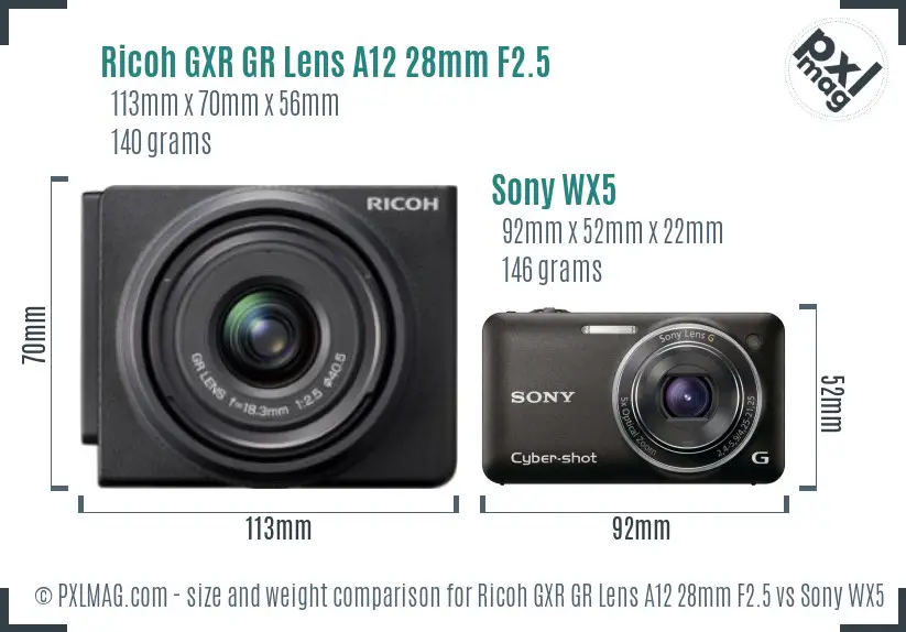 Ricoh GXR GR Lens A12 28mm F2.5 vs Sony WX5 size comparison