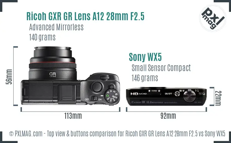 Ricoh GXR GR Lens A12 28mm F2.5 vs Sony WX5 top view buttons comparison