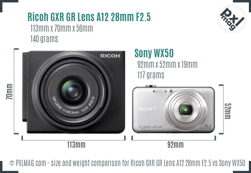 Ricoh GXR GR Lens A12 28mm F2.5 vs Sony WX50 size comparison