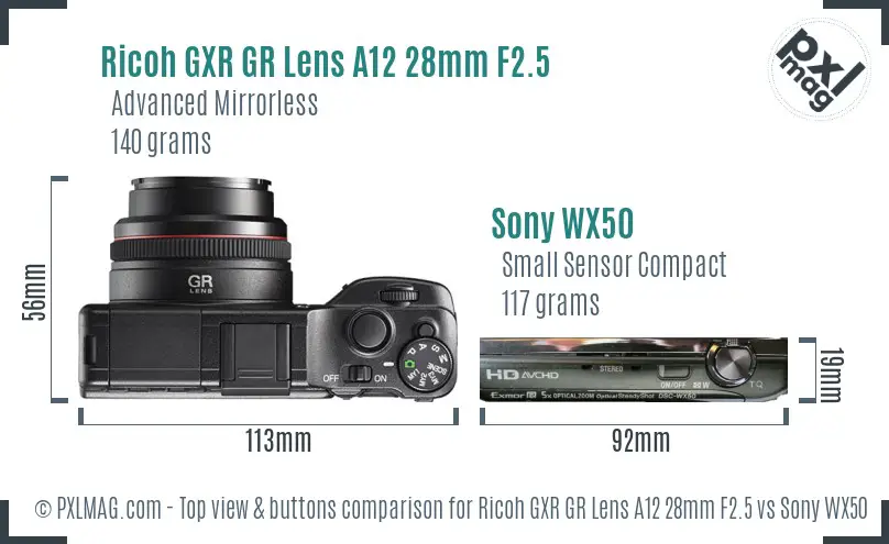 Ricoh GXR GR Lens A12 28mm F2.5 vs Sony WX50 top view buttons comparison