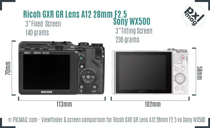Ricoh GXR GR Lens A12 28mm F2.5 vs Sony WX500 Screen and Viewfinder comparison