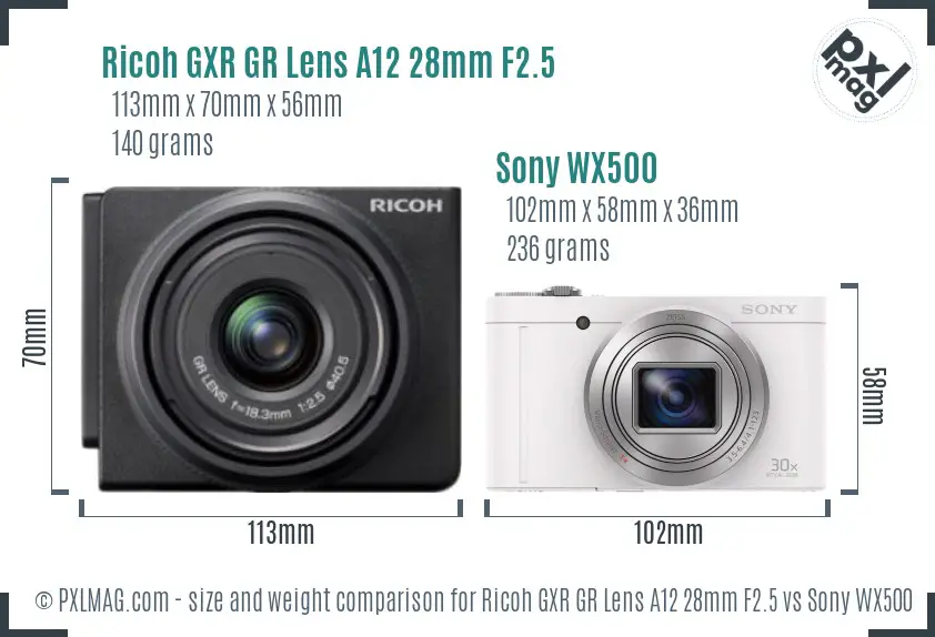 Ricoh GXR GR Lens A12 28mm F2.5 vs Sony WX500 size comparison