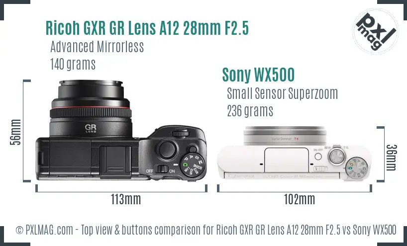 Ricoh GXR GR Lens A12 28mm F2.5 vs Sony WX500 top view buttons comparison