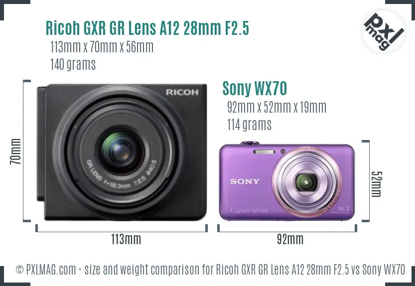 Ricoh GXR GR Lens A12 28mm F2.5 vs Sony WX70 size comparison