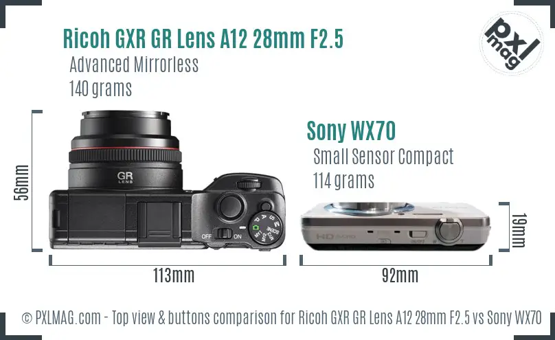 Ricoh GXR GR Lens A12 28mm F2.5 vs Sony WX70 top view buttons comparison