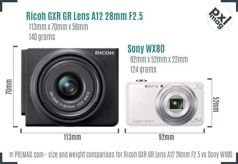 Ricoh GXR GR Lens A12 28mm F2.5 vs Sony WX80 size comparison