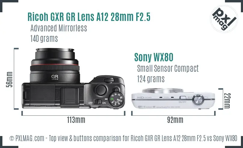Ricoh GXR GR Lens A12 28mm F2.5 vs Sony WX80 top view buttons comparison