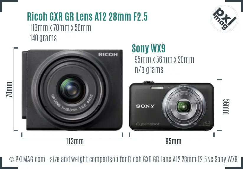 Ricoh GXR GR Lens A12 28mm F2.5 vs Sony WX9 size comparison