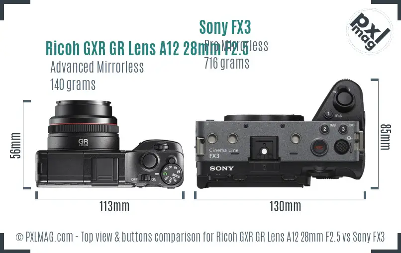 Ricoh GXR GR Lens A12 28mm F2.5 vs Sony FX3 top view buttons comparison Ricoh GXR GR Lens A12 28mm F2.5 vs Sony FX3 top view buttons comparison