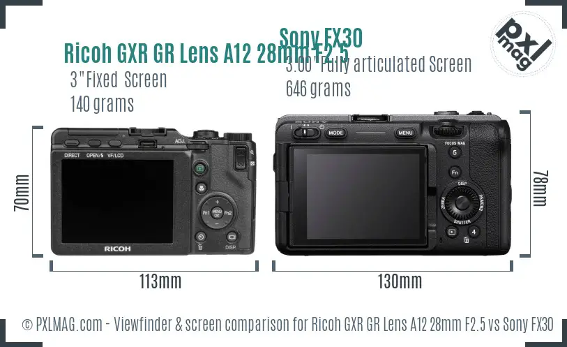 Ricoh GXR GR Lens A12 28mm F2.5 vs Sony FX30 Screen and Viewfinder comparison