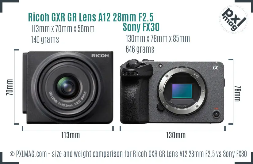 Ricoh GXR GR Lens A12 28mm F2.5 vs Sony FX30 size comparison