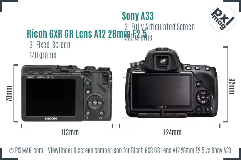 Ricoh GXR GR Lens A12 28mm F2.5 vs Sony A33 Screen and Viewfinder comparison