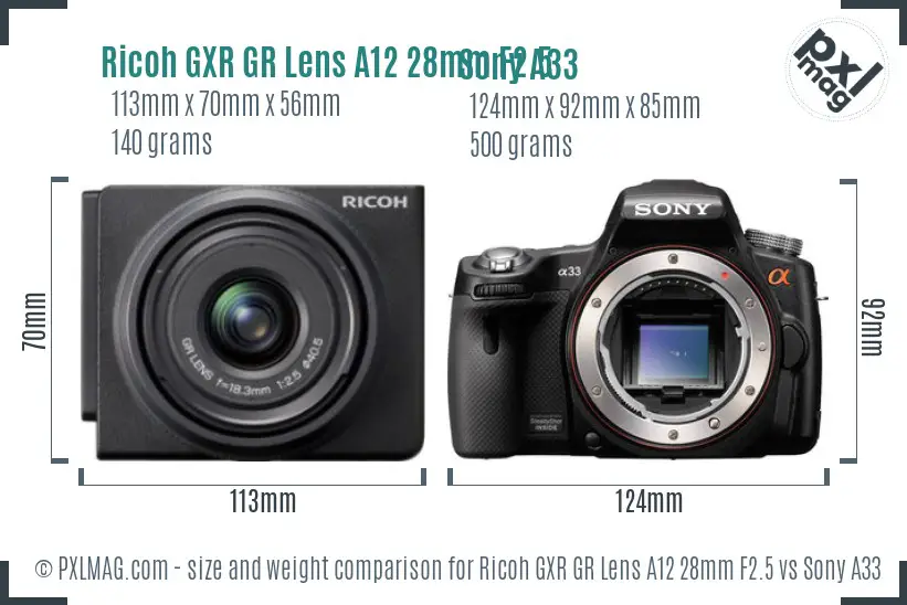 Ricoh GXR GR Lens A12 28mm F2.5 vs Sony A33 size comparison