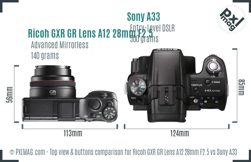 Ricoh GXR GR Lens A12 28mm F2.5 vs Sony A33 top view buttons comparison