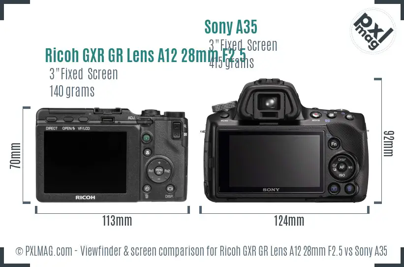 Ricoh GXR GR Lens A12 28mm F2.5 vs Sony A35 Screen and Viewfinder comparison