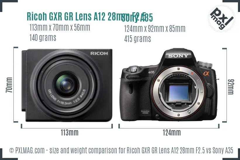 Ricoh GXR GR Lens A12 28mm F2.5 vs Sony A35 size comparison