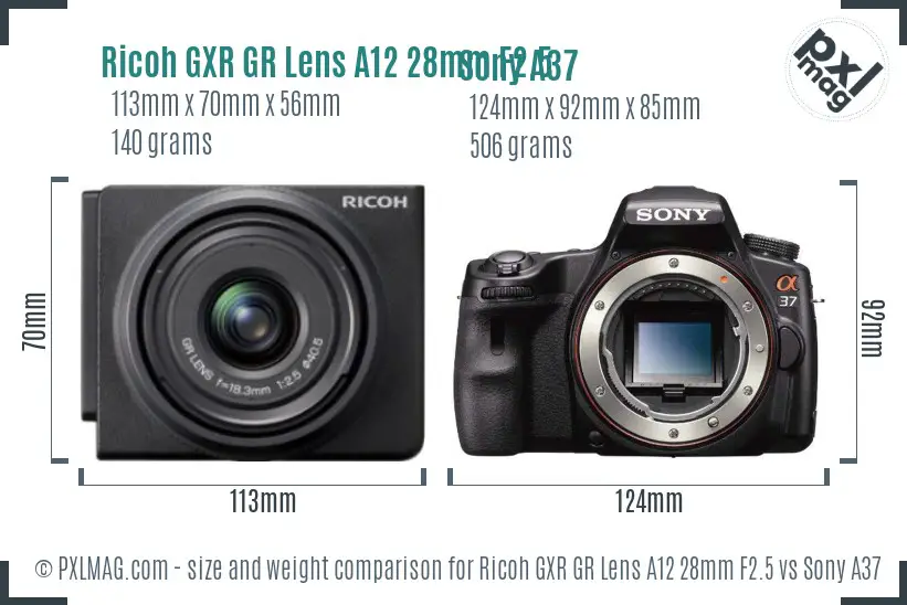 Ricoh GXR GR Lens A12 28mm F2.5 vs Sony A37 size comparison