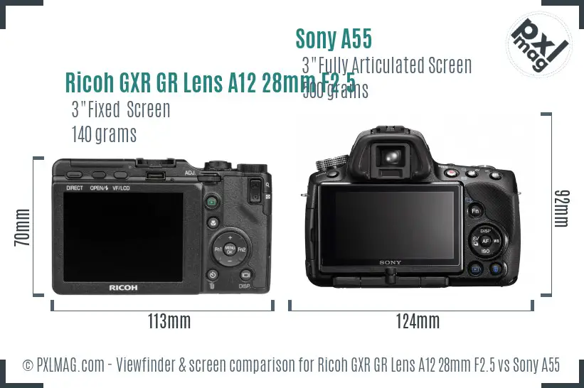 Ricoh GXR GR Lens A12 28mm F2.5 vs Sony A55 Screen and Viewfinder comparison