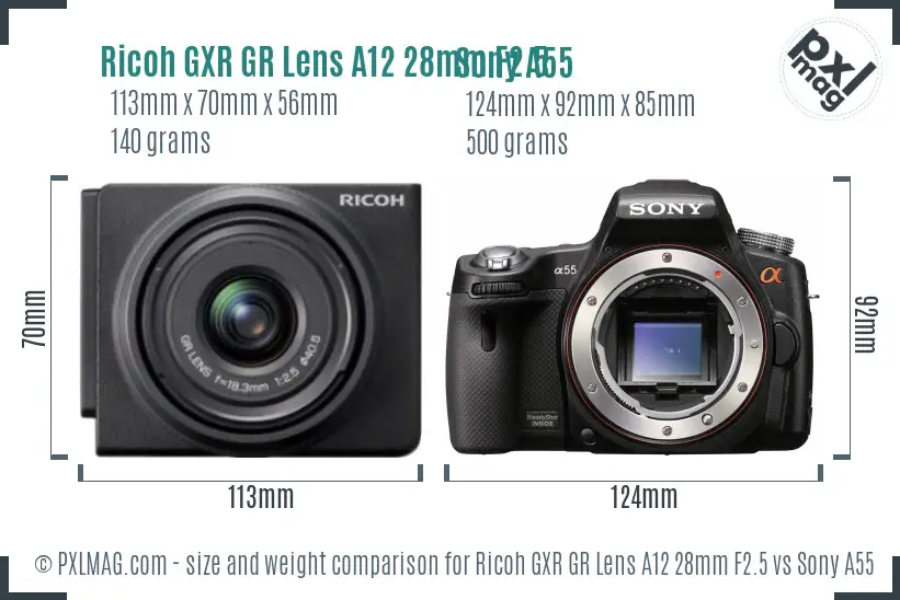 Ricoh GXR GR Lens A12 28mm F2.5 vs Sony A55 size comparison