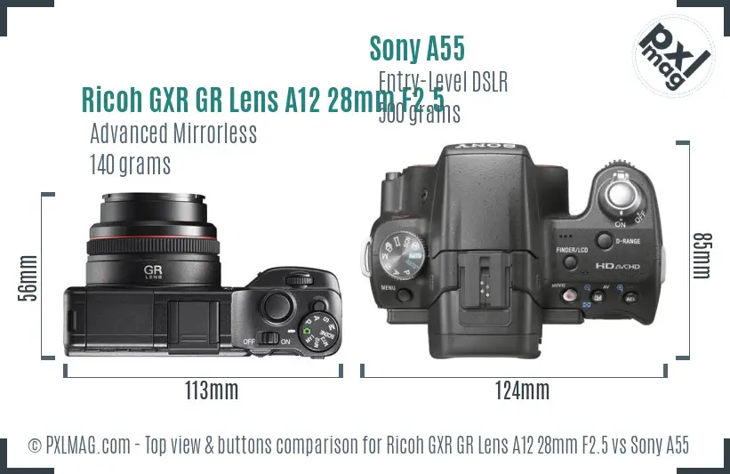 Ricoh GXR GR Lens A12 28mm F2.5 vs Sony A55 top view buttons comparison