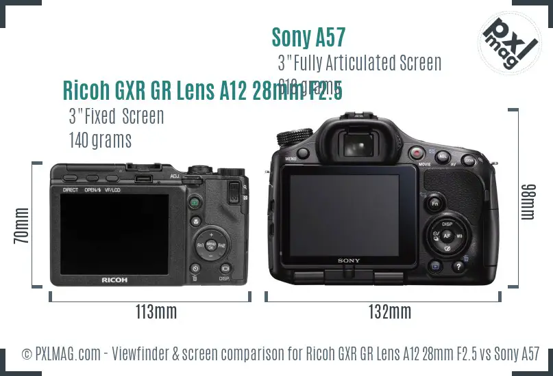 Ricoh GXR GR Lens A12 28mm F2.5 vs Sony A57 Screen and Viewfinder comparison