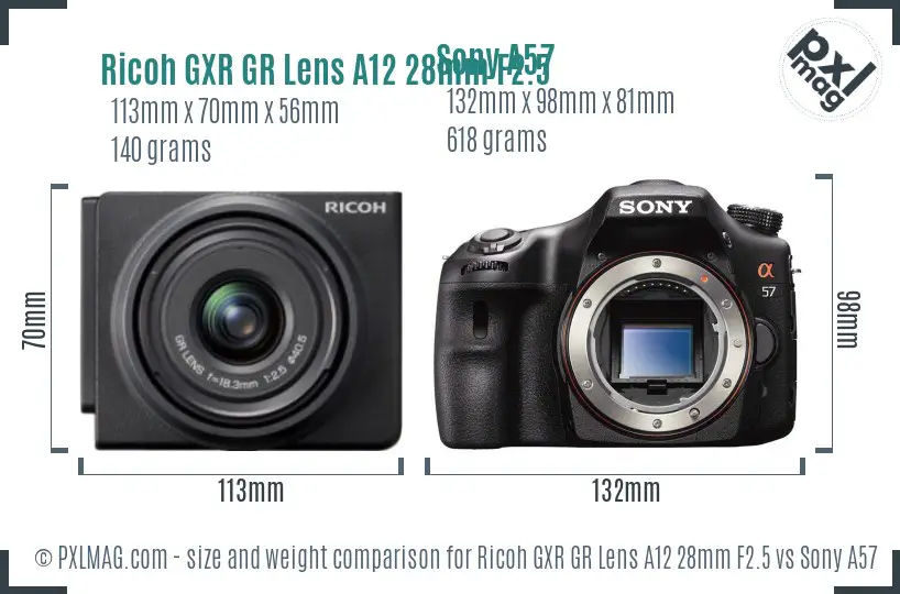 Ricoh GXR GR Lens A12 28mm F2.5 vs Sony A57 size comparison