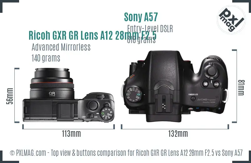 Ricoh GXR GR Lens A12 28mm F2.5 vs Sony A57 top view buttons comparison
