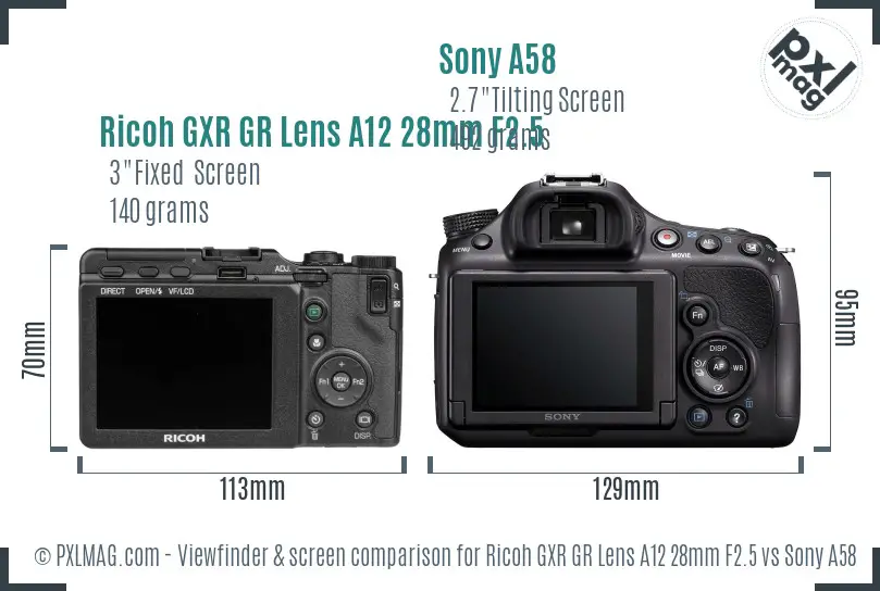 Ricoh GXR GR Lens A12 28mm F2.5 vs Sony A58 Screen and Viewfinder comparison