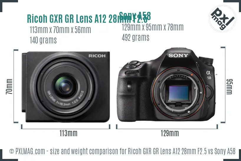 Ricoh GXR GR Lens A12 28mm F2.5 vs Sony A58 size comparison
