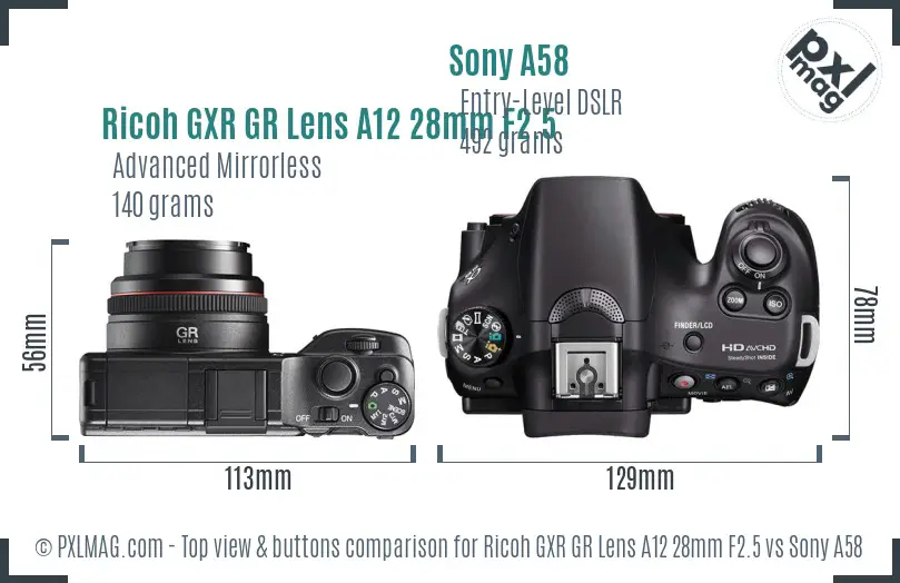 Ricoh GXR GR Lens A12 28mm F2.5 vs Sony A58 top view buttons comparison