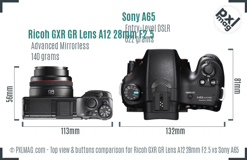 Ricoh GXR GR Lens A12 28mm F2.5 vs Sony A65 top view buttons comparison