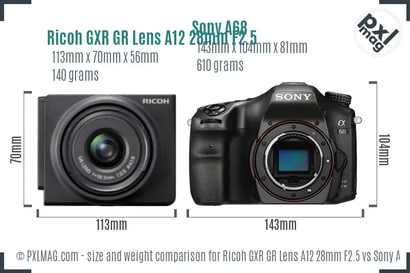 Ricoh GXR GR Lens A12 28mm F2.5 vs Sony A68 size comparison