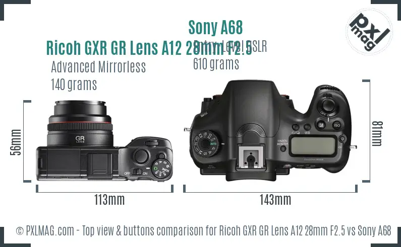 Ricoh GXR GR Lens A12 28mm F2.5 vs Sony A68 top view buttons comparison
