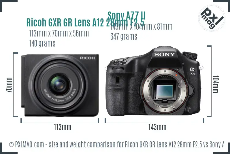 Ricoh GXR GR Lens A12 28mm F2.5 vs Sony A77 II size comparison