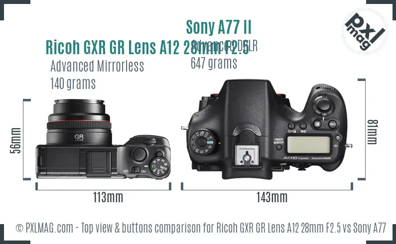 Ricoh GXR GR Lens A12 28mm F2.5 vs Sony A77 II top view buttons comparison
