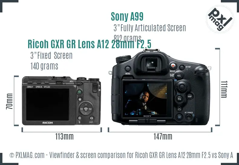 Ricoh GXR GR Lens A12 28mm F2.5 vs Sony A99 Screen and Viewfinder comparison