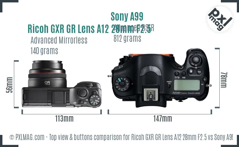 Ricoh GXR GR Lens A12 28mm F2.5 vs Sony A99 top view buttons comparison