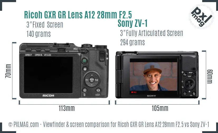 Ricoh GXR GR Lens A12 28mm F2.5 vs Sony ZV-1 Screen and Viewfinder comparison