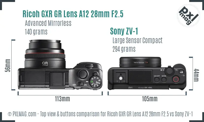 Ricoh GXR GR Lens A12 28mm F2.5 vs Sony ZV-1 top view buttons comparison