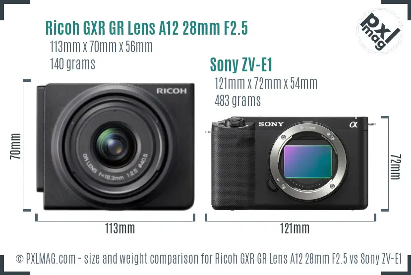 Ricoh GXR GR Lens A12 28mm F2.5 vs Sony ZV-E1 size comparison