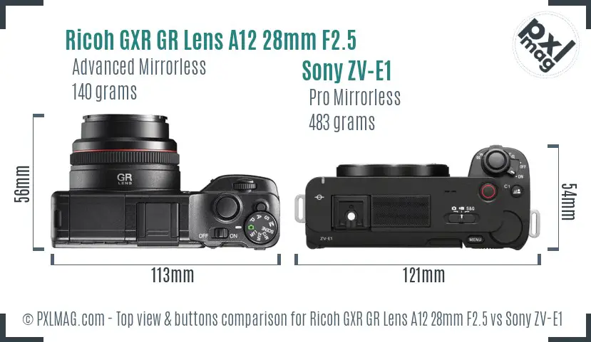 Ricoh GXR GR Lens A12 28mm F2.5 vs Sony ZV-E1 top view buttons comparison