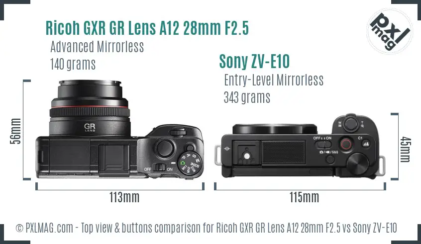 Ricoh GXR GR Lens A12 28mm F2.5 vs Sony ZV-E10 top view buttons comparison