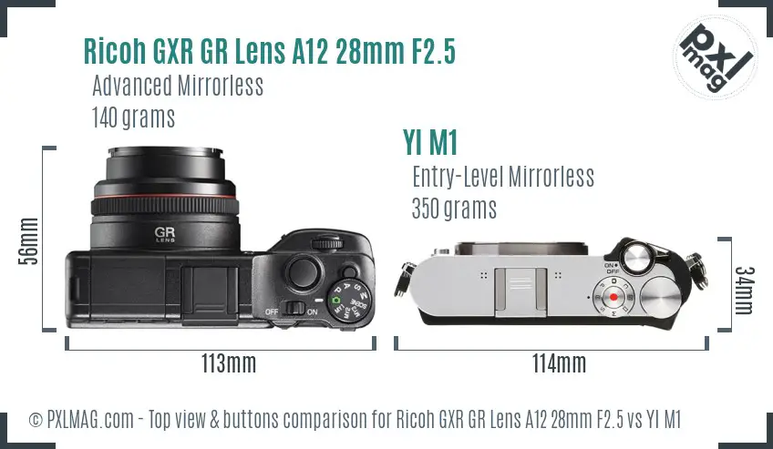 Ricoh GXR GR Lens A12 28mm F2.5 vs YI M1 top view buttons comparison