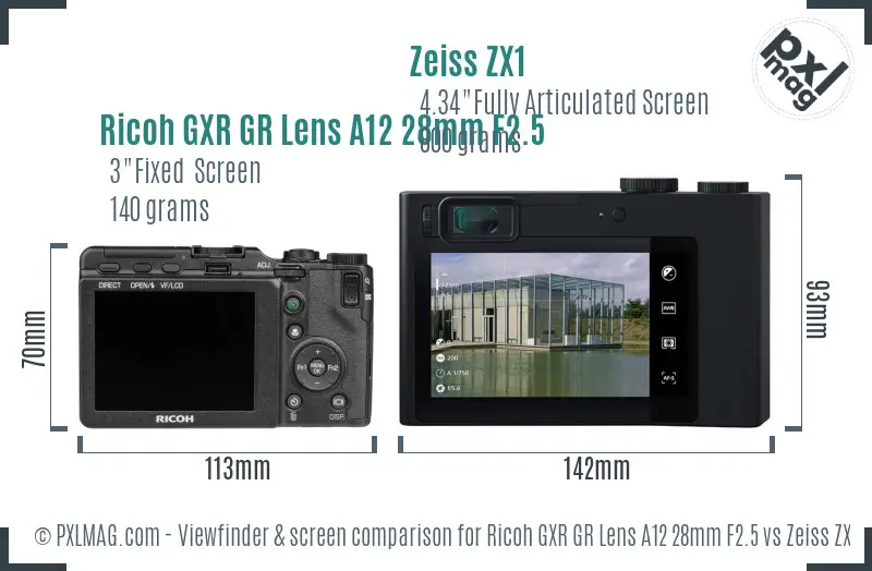 Ricoh GXR GR Lens A12 28mm F2.5 vs Zeiss ZX1 Screen and Viewfinder comparison
