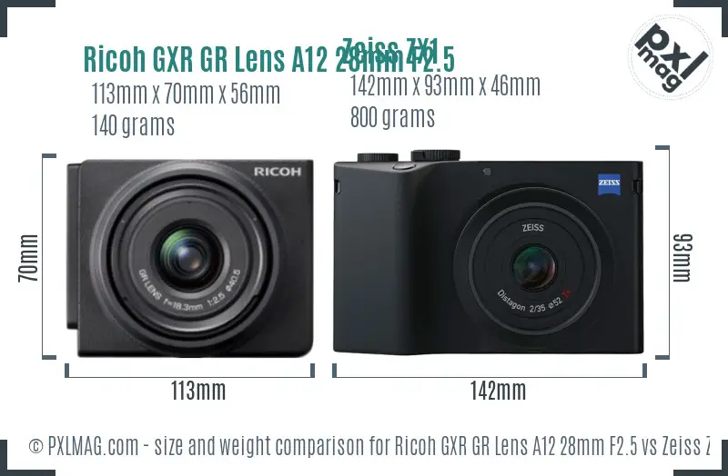 Ricoh GXR GR Lens A12 28mm F2.5 vs Zeiss ZX1 size comparison