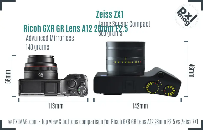 Ricoh GXR GR Lens A12 28mm F2.5 vs Zeiss ZX1 top view buttons comparison
