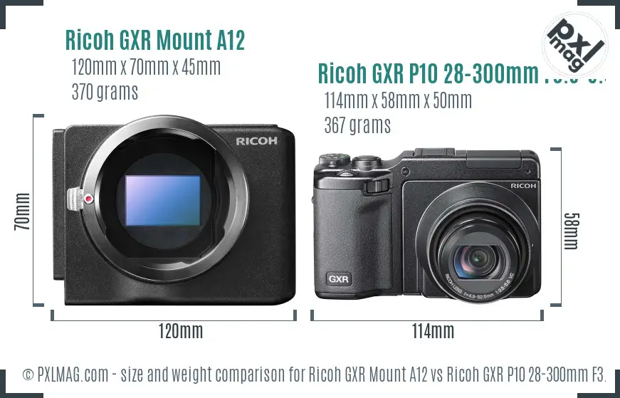 Ricoh GXR Mount A12 vs Ricoh GXR P10 28-300mm F3.5-5.6 VC size comparison