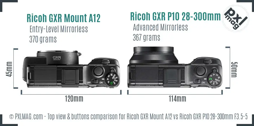 Ricoh GXR Mount A12 vs Ricoh GXR P10 28-300mm F3.5-5.6 VC top view buttons comparison